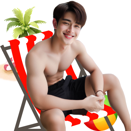Young smiling man sitting on a red-and-white striped deck chair, representing UNOthai.com’s bespoke Thailand travel experiences. | شاب يبتسم يجلس على كرسي استلقاء مخطط بالأحمر والأبيض، يمثل تجارب السفر المخصصة إلى تايلاند مع أونوتاي.
